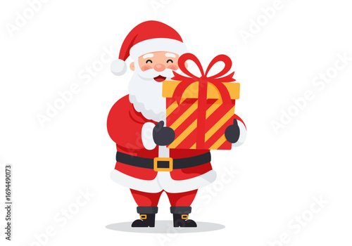 Cheerful Santa Claus carrying a beautifully wrapped Christmas present with ribbon, spreading holiday joy and festive cheer for seasonal celebrations