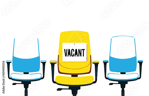 A vacant yellow office chair between two others symbolizes a job opportunity and hiring