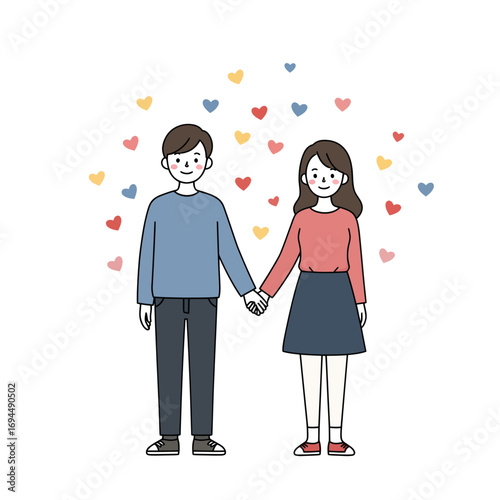 Adorable couple holding hands surrounded by hearts, a lovely illustration for Valentine's Day or anniversary celebrations, conveying love and togetherness