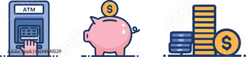 Set of Financial transactions icon vector illustration, banking ATM wallet piggy bank money coins payment symbols, business finance investment saving icons set for fintech and economy design