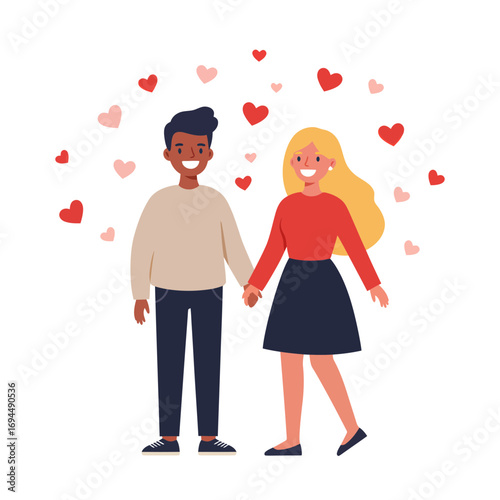 Charming couple holding hands surrounded by floating hearts, a modern romance illustration perfect for Valentine's Day and relationship themes, expressing love