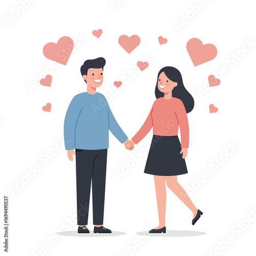 Charming couple holding hands surrounded by hearts, a sweet moment of love and connection perfect for Valentine's or anniversary greetings, vector graphic