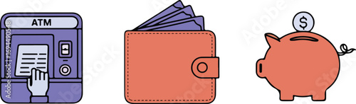 Set of Financial transactions icon vector illustration, banking ATM wallet piggy bank money coins payment symbols, business finance investment saving icons set for fintech and economy design