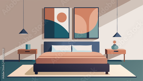 A minimalist bedroom with a platform bed a neutral color scheme and a single piece of abstract wall art.