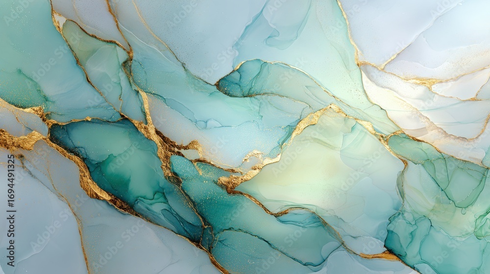 Fototapeta premium Soft green and gold fluid art background with an elegant marble ink texture