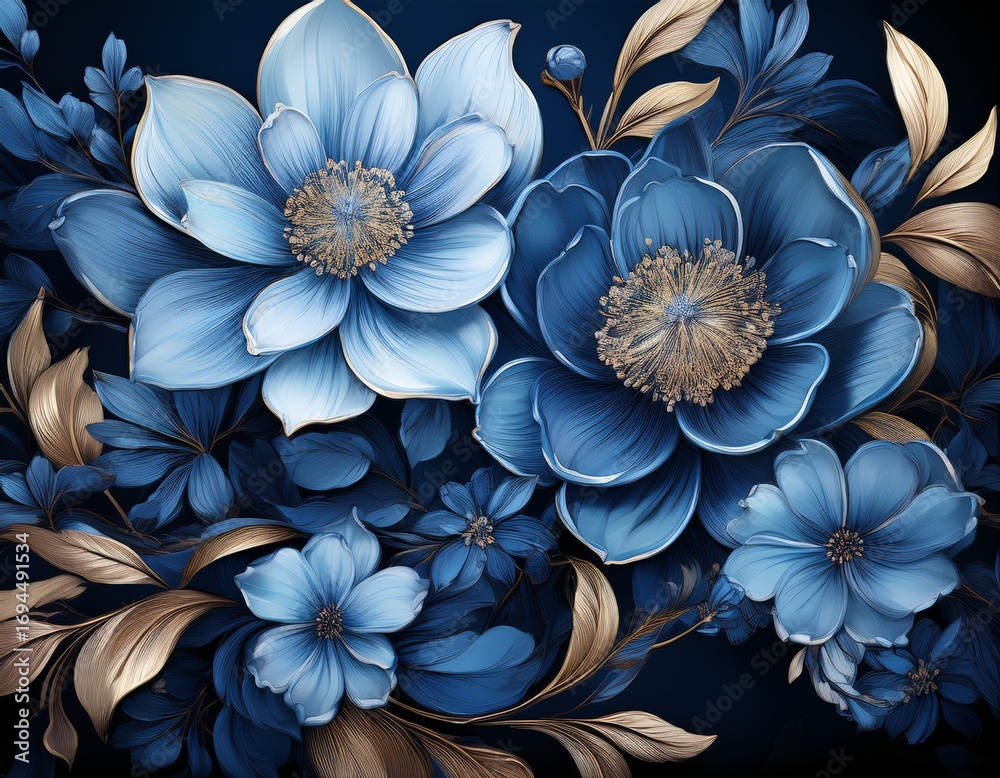 Fototapeta premium a serene floral wallpaper design featuring realistic blue flowers in various shades on a luxurious dark canvas