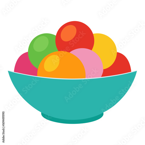 Colorful round candies in a bowl candy sweets vector on white background.