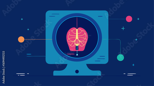 Digital Imaging Display A large screen showing MRI images of and tissues with highlighted areas pointing out specific anatomical structures.