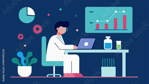 Computer Analysis A scientist sitting at a computer screen displaying microbiome data and graphs representing hightech analysis.