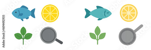 Minimalist icon set with fish, lemon, herbs, and frying pan for a healthy seafood recipe or culinary design concept