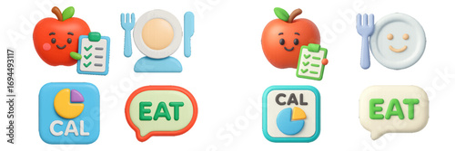 3D icon set for healthy eating, diet plan, and nutrition with cute apple character, calorie counter, and plate
