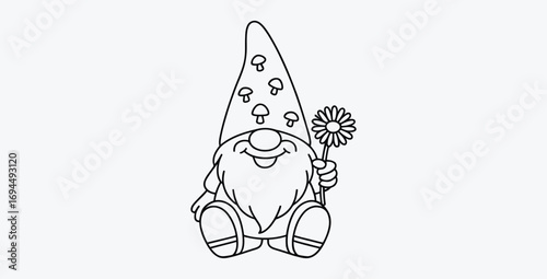 Charming gnome holding flower black and white line art illustration