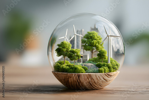 Sustainable future envisioned: miniature eco-city with wind turbines under glass dome