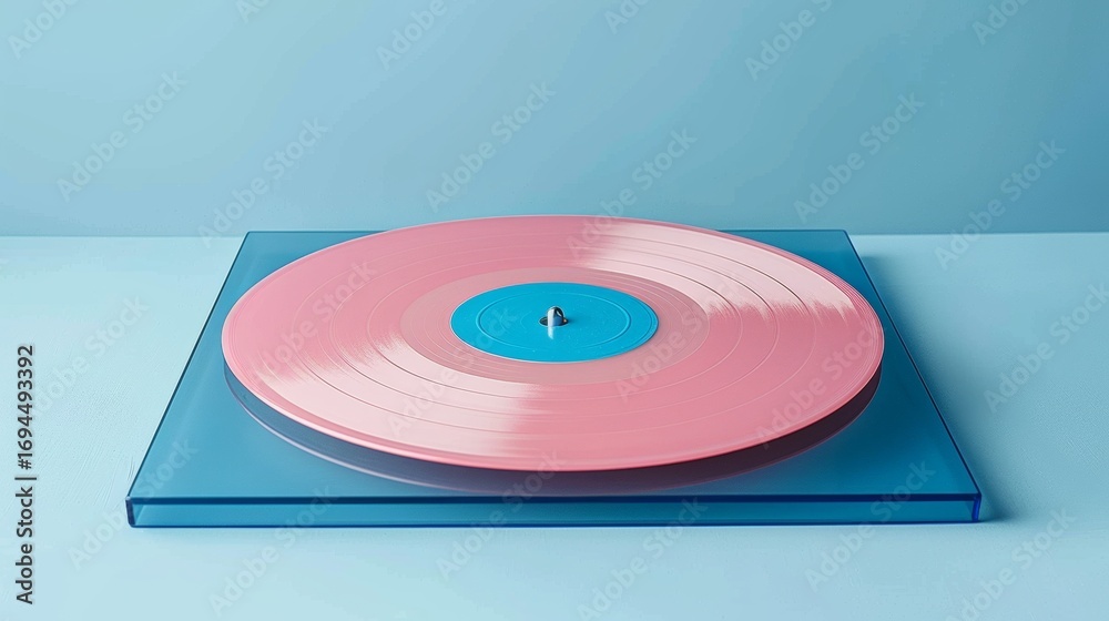 Fototapeta premium Stylish pink vinyl record set against a soft pastel blue background for a modern aesthetic