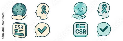 Modern icons depicting global environmental care, mental health awareness, corporate social responsibility, and successful completion