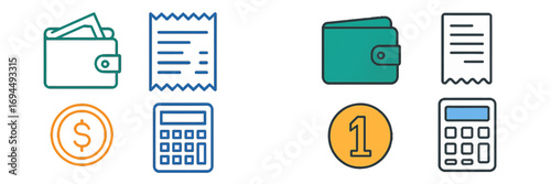 Set of essential financial transaction and accounting icons with wallet, receipt, calculator, and coin symbols for business and banking concepts