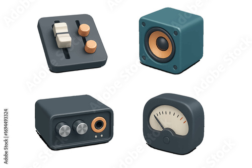Modern digital audio production equipment with a sound mixer, studio monitor, audio interface, and VU meter for professional music engineering