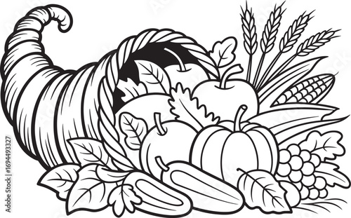 Cornucopia Horn of Plenty with Harvest Fruits and Vegetables Bounty Illustration