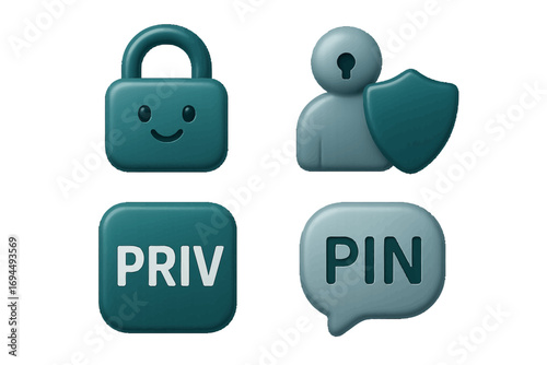 Set of three-dimensional security and data privacy icons featuring a padlock, user shield, and PIN code for digital protection concepts