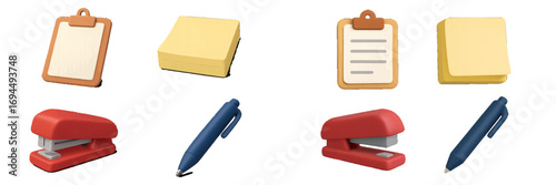 Office supply items including clipboard, pen, stapler, and sticky notes for business and stationery