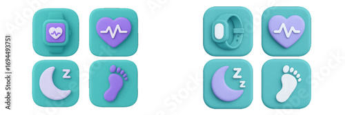 3D health and fitness tracker app icon set with smartwatch, heart rate monitor, sleep cycle, and step counter symbols for UI design