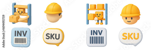 3D icon set for warehouse management, logistics, inventory control, and shipping with cute character and worker avatar