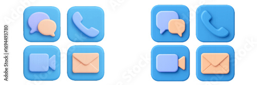 Collection of modern communication icons with a soft plasticine effect featuring chat, phone call, video conference, and email symbols for web and app design