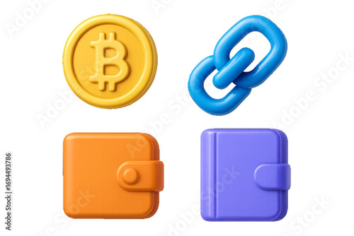 3D cryptocurrency icon set with Bitcoin coin, blockchain link, and digital wallet for finance and technology concepts