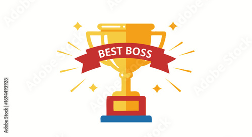 Golden trophy award for best boss, red ribbon, sparkles.