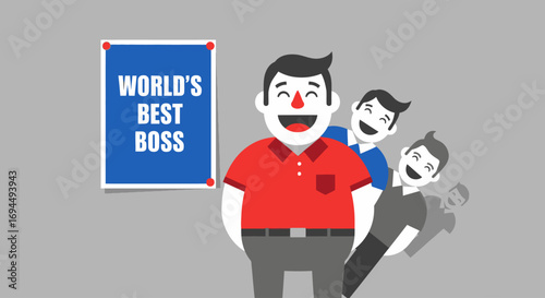 A cheerful boss in a red shirt laughs with his happy employees next to a 'World's Best Boss' poster.
