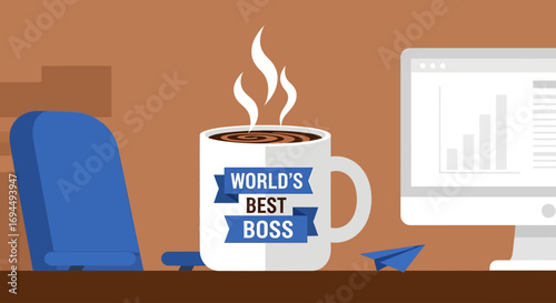 A steaming coffee mug, reading "World's Best Boss," sits on a desk next to a computer displaying charts and a paper airplane.