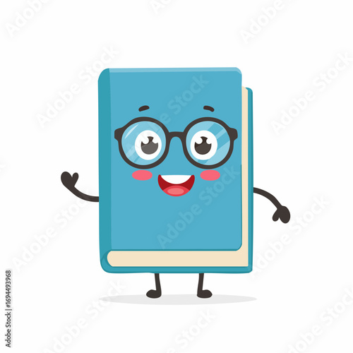Cute cartoon book character with glasses waving