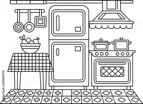 Detailed Kitchen Interior Outline with Appliances and Furniture for Coloring Book Pages