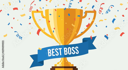 A golden trophy cup with a "Best Boss" ribbon and falling confetti celebrating an achievement.