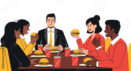 A diverse group of colleagues enjoys a casual lunch, sharing burgers and drinks around a table, fostering camaraderie and teamwork.