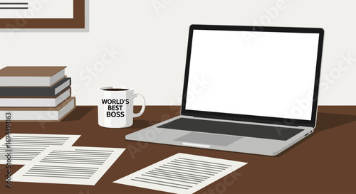 An illustrated office desk with an open laptop showing a blank screen, a 'World's Best Boss' coffee mug, books, and papers.