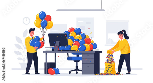Colleagues fill an office workspace with colorful balloons and confetti for a surprise party.