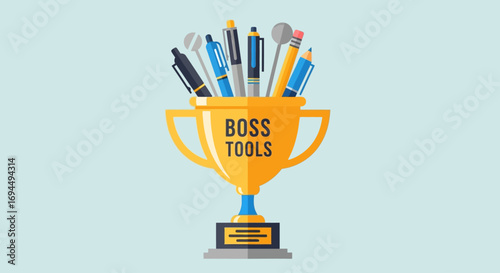 A golden trophy labeled "BOSS TOOLS" overflowing with various writing instruments, symbolizing success and essential office supplies for leadership.