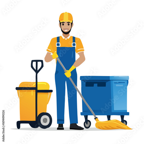 Friendly male janitor illustration with mop and cleaning cart. Perfect vector art for professional cleaning services, hygiene, and facility maintenance visuals.