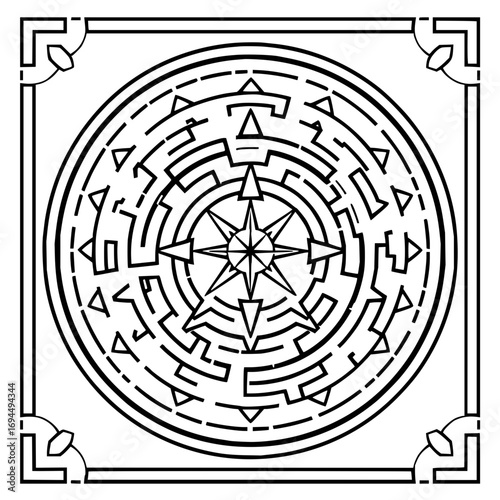 Minimilist circular maze with a star in the center surrounded by a square frame with corner decorations design vector