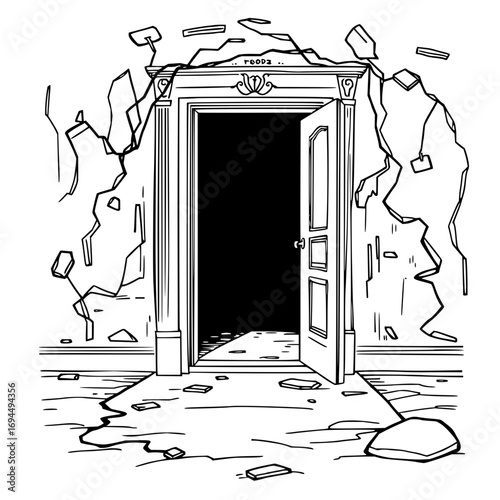 Minimilist illustration of an open door in a dilapidated room with broken walls and debris on the floor design vector