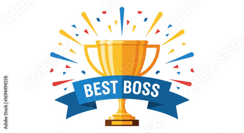 A golden trophy with a blue ribbon displaying "BEST BOSS" is surrounded by a burst of colorful confetti and streamers, symbolizing achievement and recognition.