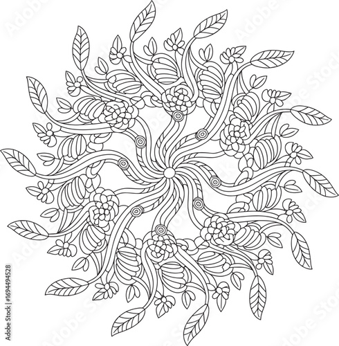 Floral Swirl Pattern Line Art on Transparent Background Vector Illustration