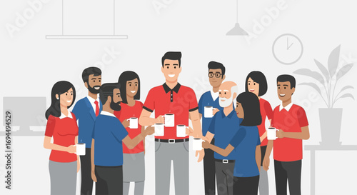 Group of diverse office workers holding mugs and interacting during a casual meeting.