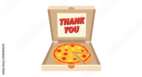 A pizza pie with a missing slice inside an open cardboard box, with a thank you note.