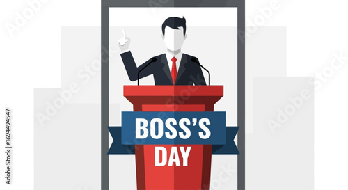 Businessman giving a speech at a podium celebrating Boss's Day on a smartphone screen.