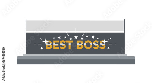 An award plaque celebrating the 'Best Boss' with golden text and stars on a gray pedestal.