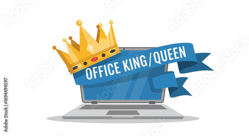 A crowned laptop with a blue ribbon banner celebrating the Office King or Queen, symbolizing workplace achievement.