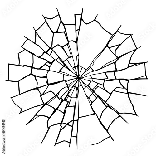 Minimilist illustration of a shattered glass pane with cracks radiating from a central point in a circular design vector