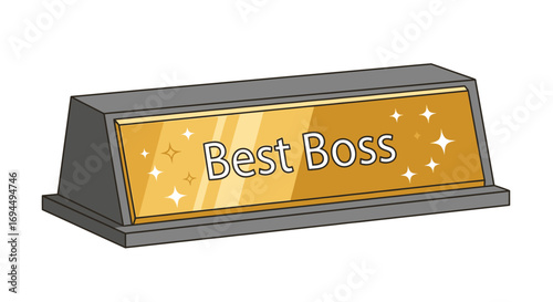 Illustration of a desk nameplate with a gold background and the text "Best Boss" surrounded by small stars.